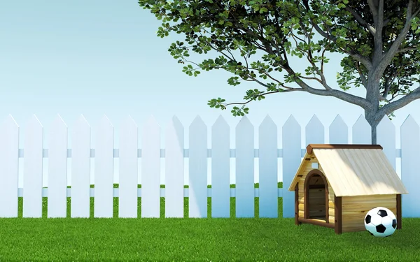 Drewniane psia cieniu drzewa na trawa zielony łąka z piłka nożna piłka i biały drewniany płot — Zdjęcie stockowe