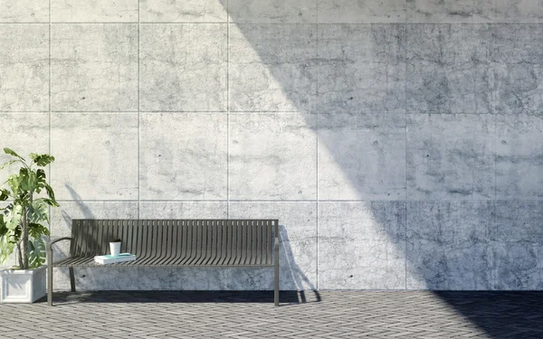 Металлическая открытая скамейка с декоративными растениями на ярком бетонном фоне, наружная отделка — стоковое фото
