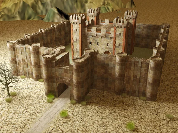 3d renderizar fortaleza medieval edificio exterior se encuentra en el suelo agrietado —  Fotos de Stock