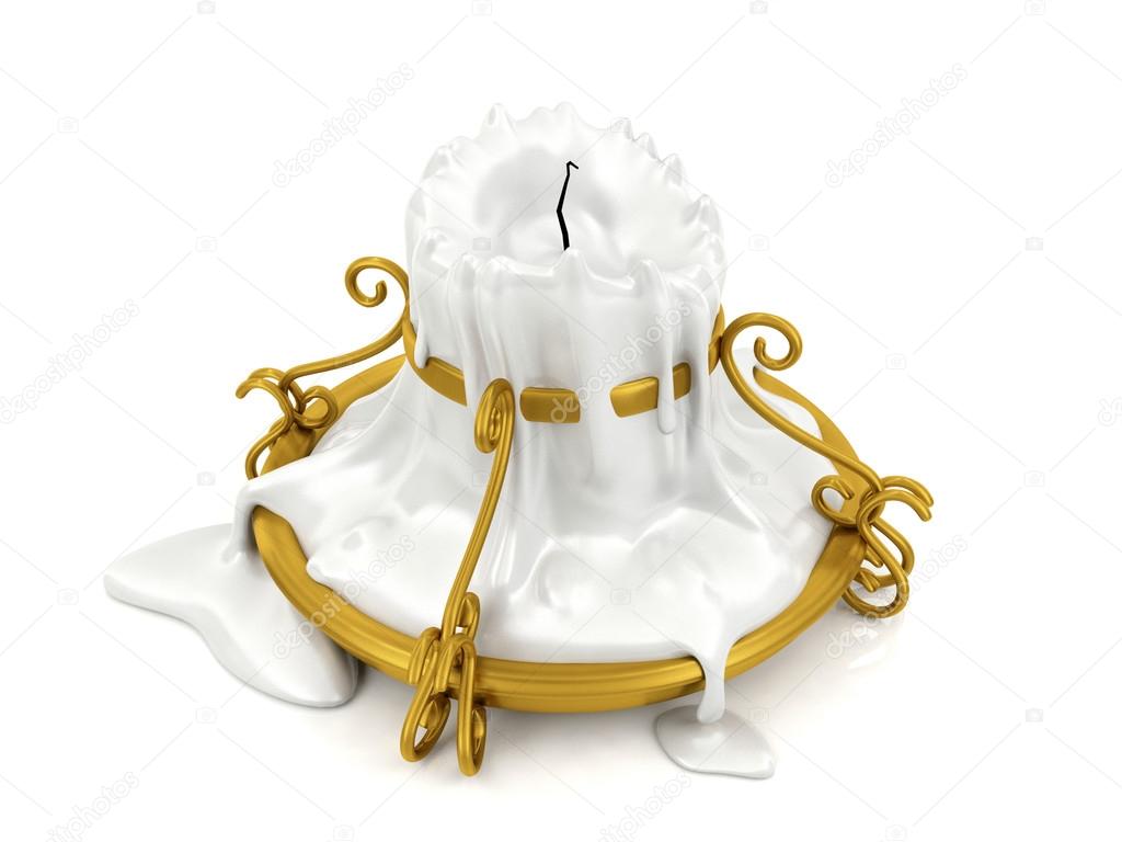 Melted candle and gold candle holder isolated on white background