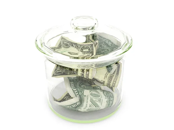 Dinero dólar en botella de vidrio aislado sobre fondo blanco, concepto de ahorro de dinero — Foto de Stock