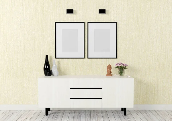 Poster sjabloon mock up op muur met dressoir — Stockfoto