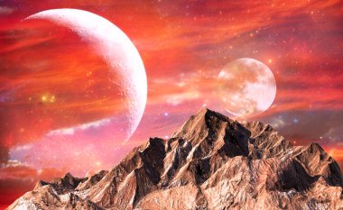Rock mountain with red sky and twin moons as background for science fiction concept clipart