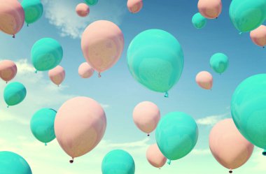 Renkli mavi ve pembe Balonlar, yaz tatili pastel renk filtresi içinde yüzen kavramı, yaz, tatil ve neşeli