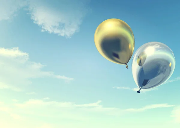 Colorful golden and silver balloons floating in summer holidays in vintage color filter, concept of summer, holidays, and joyful — Stock Photo, Image