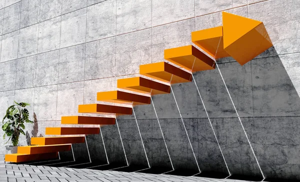 Steps to move forward to next level, success concept, orange staircase with arrow sign and concrete wall in exterior scene — Free Stock Photo