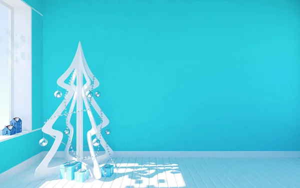 Árbol de Navidad moderno blanco en habitación vacía azul con espacio para vivir —  Fotos de Stock