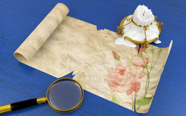 Παλιό αντίκες κύλισης χαρτί ξαπλωμένο στο τραπέζι από ξύλο μπλε με λιωμένο κερί και μεγεθυντικό φακό — Φωτογραφία Αρχείου