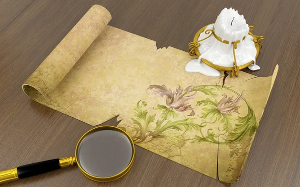 Erimiş mum ve Büyüteç ile ahşap masanın üzerinde yatan eski antika kaydırma kağıt — Stok fotoğraf