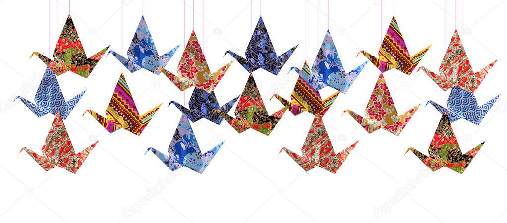 Group of Origami paper birds on white background