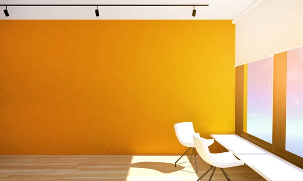 Пустой интерьер комнаты с оранжевой стеной и паркетным полом с большими окнами и потолочными лампами, 3D рендеринг — Бесплатное стоковое фото