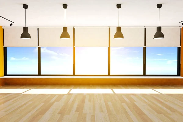 Sala vazia e piso em parquet com grandes janelas e lâmpadas de teto, renderização 3D — Fotografia de Stock