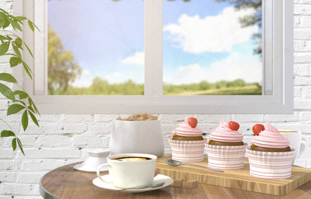 Strawberry cupcake dessert on table with morning coffee in blurred white brick room background, 3D rendering