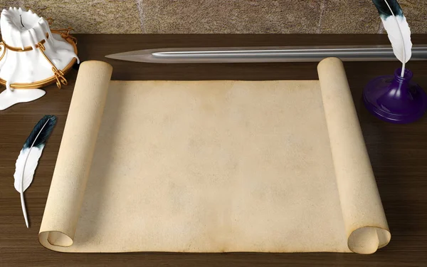 Παλιό χαρτί κενό αντίκες κύλισης σε τραπέζι με στυλό πένα, το κερί και το σπαθί στο μεσαιωνικό θέμα — Φωτογραφία Αρχείου