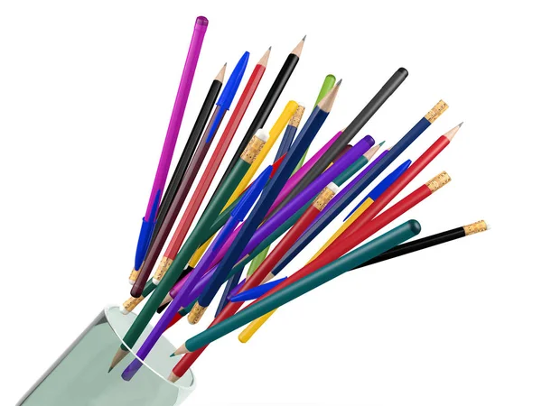 Skupina z pera, tužky, pastelky, skákání z průhledného skla, šablony prvků — Stock fotografie