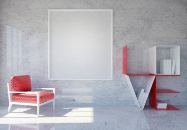 Modern ve çatı odası iç kelime aşk kitap raf ve Sevgililer günü, 3d render için boş fotoğraf çerçevesi