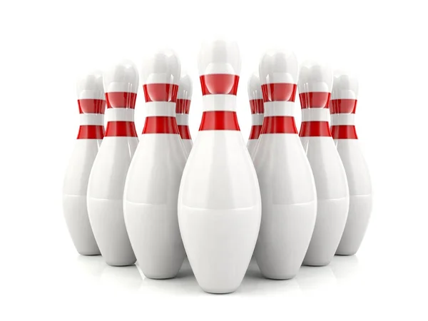 3D bowling stift med röda ränder står i bildandet — Stockfoto