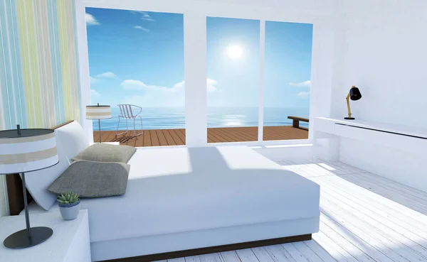 Alb și confortabil interior minimal dormitor cu vedere la mare în timpul verii — Fotografie, imagine de stoc