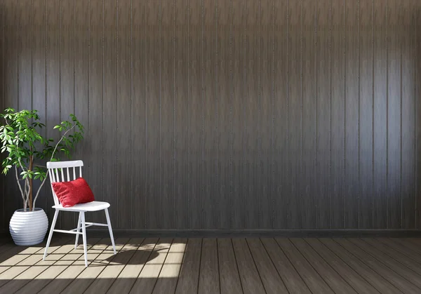 Lege houten woonkamer interieur met leefruimte, witte stoel en decoratieve plant, 3D-rendering — Gratis stockfoto