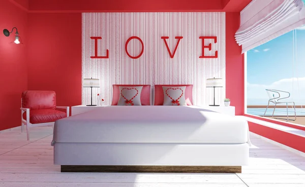 Love-Modern dormitor interior pentru Ziua Îndrăgostiților, redare 3D — Fotografie, imagine de stoc