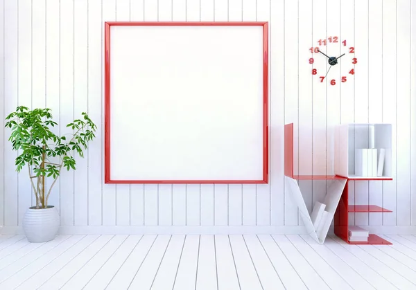 Interiér bílý moderní pokoje s prázdnou fotorámeček na zdi a slovo láska Kniha police pro den svatého Valentýna, vykreslování 3d objektů — Stock fotografie