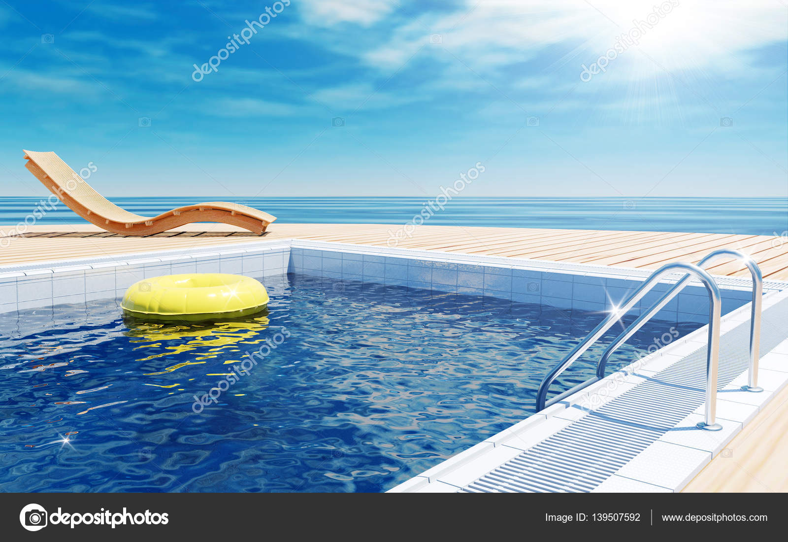 Blue Swimming Pool With Yellow Life Ring Floating On Water Surface Beach Lounger Wooden Flooring Sun Deck Sea View For Summer Vacation 3D Rendering Blue Swimming Pool With Yellow Life Ring Floating On Water Surface Beach Lounger Wooden Flooring Sun Deck Sea View For Summer Vacation 3D Rendering