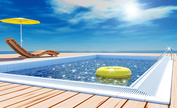 Blue swimming pool with yellow life ring floating on water surface, beach lounger on wooden flooring with parasol, sun deck on sea view for summer vacation, 3D rendering