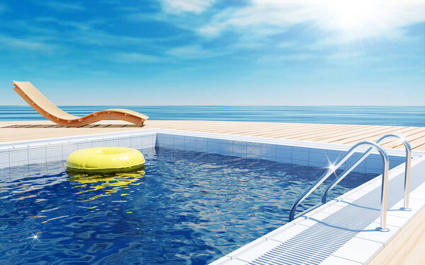 Blue swimming pool with yellow life ring floating on water surface, beach lounger on wooden flooring, sun deck on sea view for summer vacation, 3D rendering