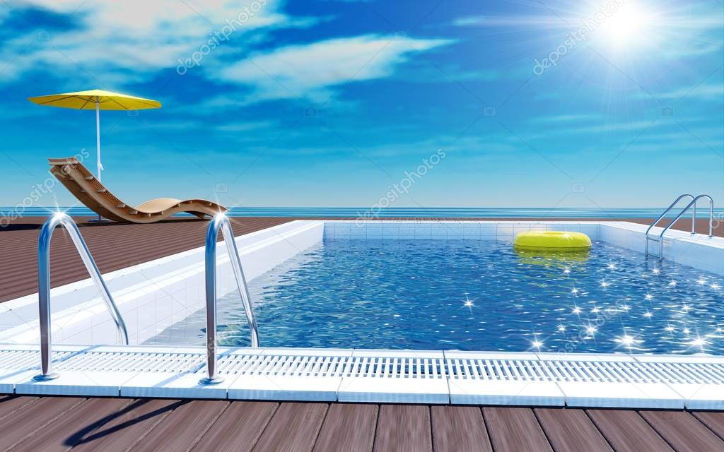 Blue swimming pool with yellow life ring floating on water surface, beach lounger on wooden flooring with parasol, sun deck on sea view for summer vacation