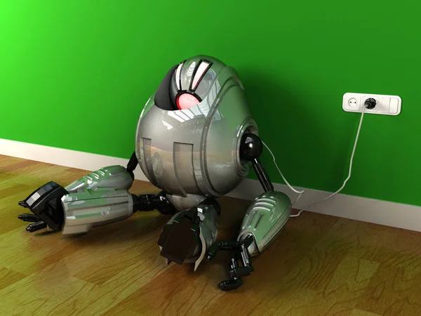 Robot charging himself with electric plug after out of energy and eyes turning red — Stock Photo, Image