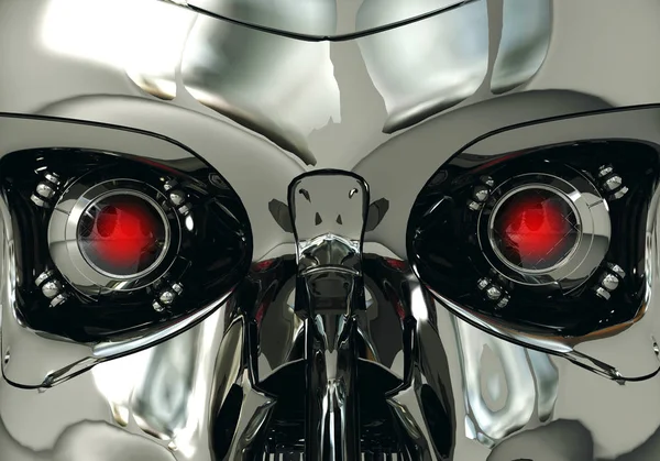 Globos oculares robóticos rojos y cráneo robot en superficie metálica, tecnología cibernética, renderizado 3D — Foto de Stock
