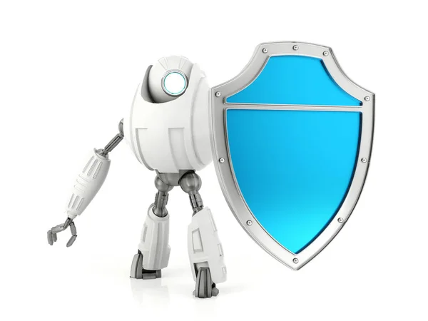 White robot holding blue shield, security concept — Stock Photo, Image