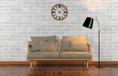Oturma odası iç tuğla duvar, 3d render ile