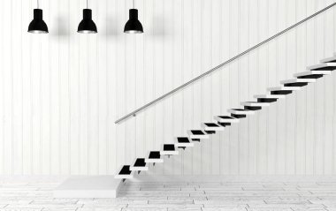 Beyaz oda iç merdiven ve tavan lambaları modern ve minimal tarzda