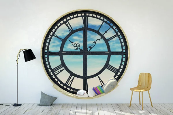 Interno della stanza bianca in decorazione minimalista con finestra rotonda in metallo orologio, sedia in legno, cornici fotografiche e lampada da terra, rendering 3D — Foto Stock