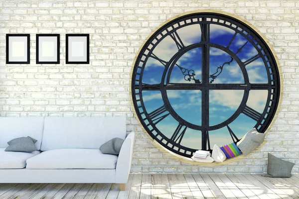 Interno della stanza bianca nella decorazione minimalista con la finestra rotonda dell'orologio del metallo e la sedia bianca del sofà, rendering 3D — Foto Stock