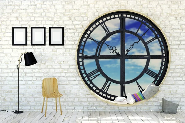 Biały pokój wnętrze w minimalistyczny wystrój wnętrz z okrągłe metalowe clockwork okna, drewniane krzesło, lampa i ramki do zdjęć, renderowania 3d — Zdjęcie stockowe