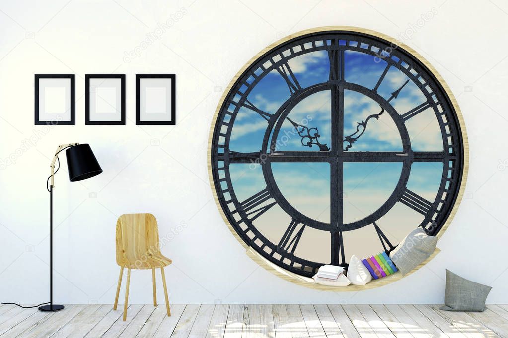 White room interior in minimalist decoration with round metal clockwork window, wooden chair, photo frames and floor lamp, 3D rendering