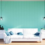 客厅室内-白色真皮沙发和绿墙面板与空间，3d 渲染