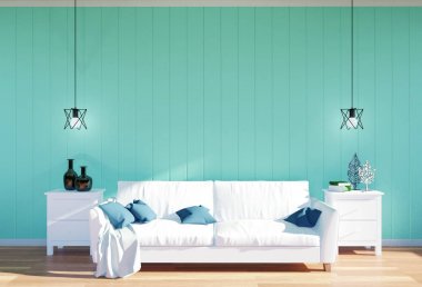 Oturma odası iç - beyaz deri kanepe ve yeşil Duvar panosu ile yer, 3d render