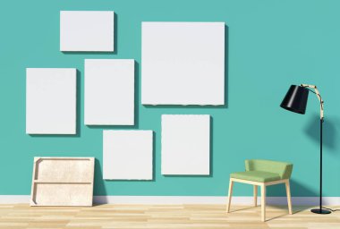 Sandalye ve zemin lamba, 3d render ile yeşil duvar kadar sahte için boş tuval ile iç Oda