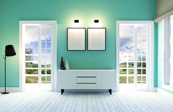 Interior ruang tamu modern dan kontemporer dengan dinding hijau, lantai kayu putih dan furnitur dekoratif, render 3D — Stok Foto