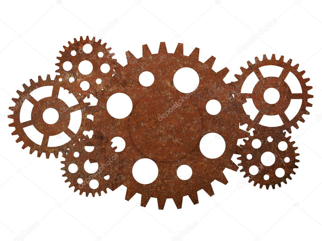 Rusty gears and cogwheels isolated on white background