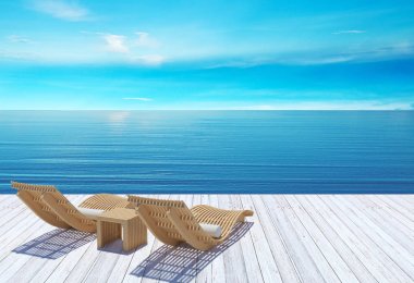 Beach lounge, mavi deniz ve gökyüzü, yaz tatil tatil kavramı üzerinde güneşlenme