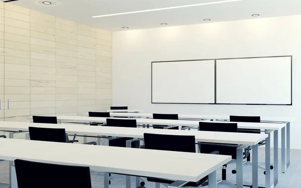 Interior moderno da sala de conferências de negócios com tela de monitor em branco para apresentação, renderização 3D — Fotografia de Stock