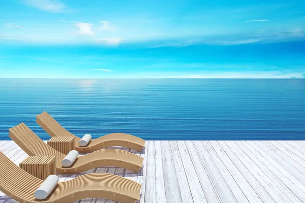 Salón de playa, solárium sobre el mar azul y el cielo, verano playa vacaciones concepto —  Fotos de Stock
