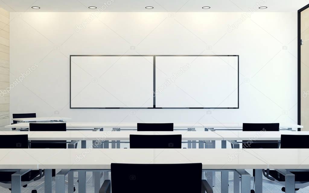 Modern interior of business conference room with blank monitor screen for presentation, 3D rendering