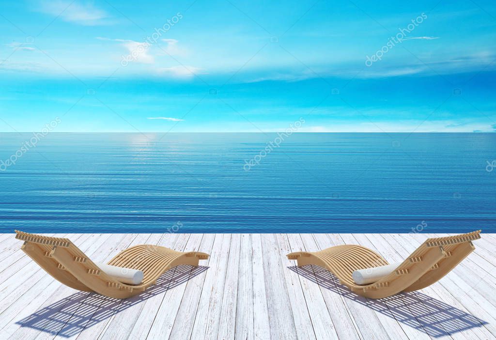 Beach lounge, sundeck over blue sea and sky, summer holiday vacation concept