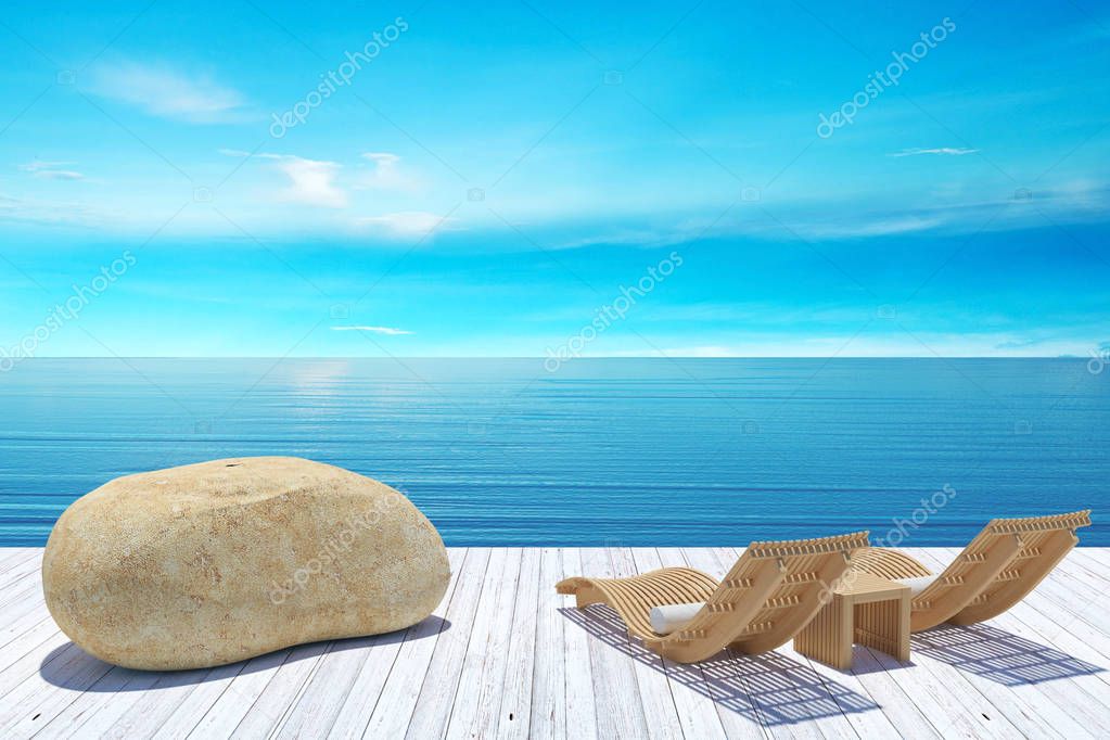 Beach lounge, sundeck over blue sea and sky, summer beach holiday vacation concept