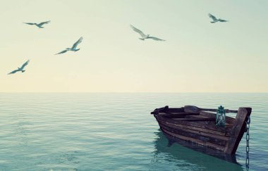 Sakin mavi deniz ve gökyüzü, 3d render üzerinde yüzen eski ahşap balıkçı teknesi